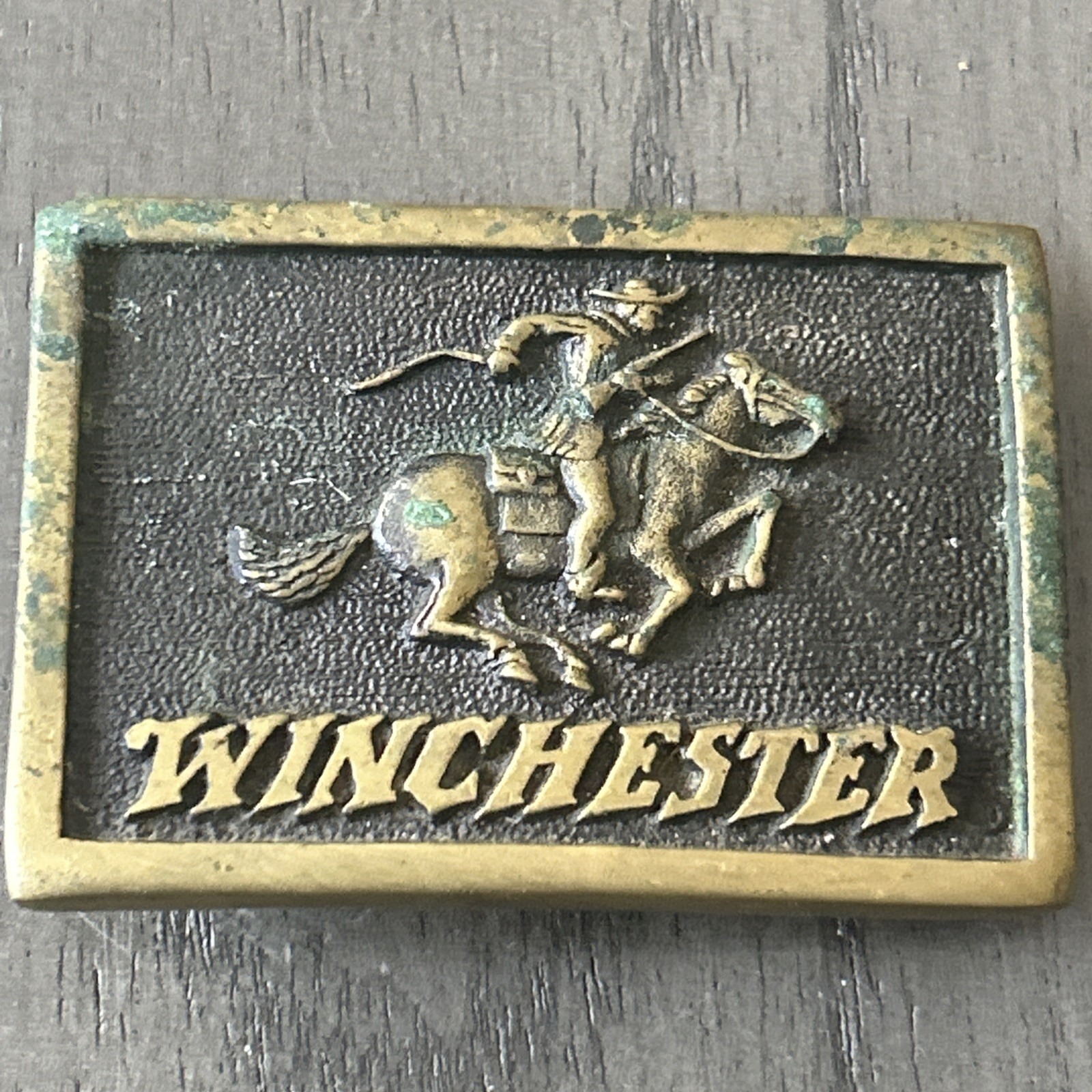 Vintage Solid Brass Winchester Galloping Horse Belt Buckle Bts 1978 Made In Usa